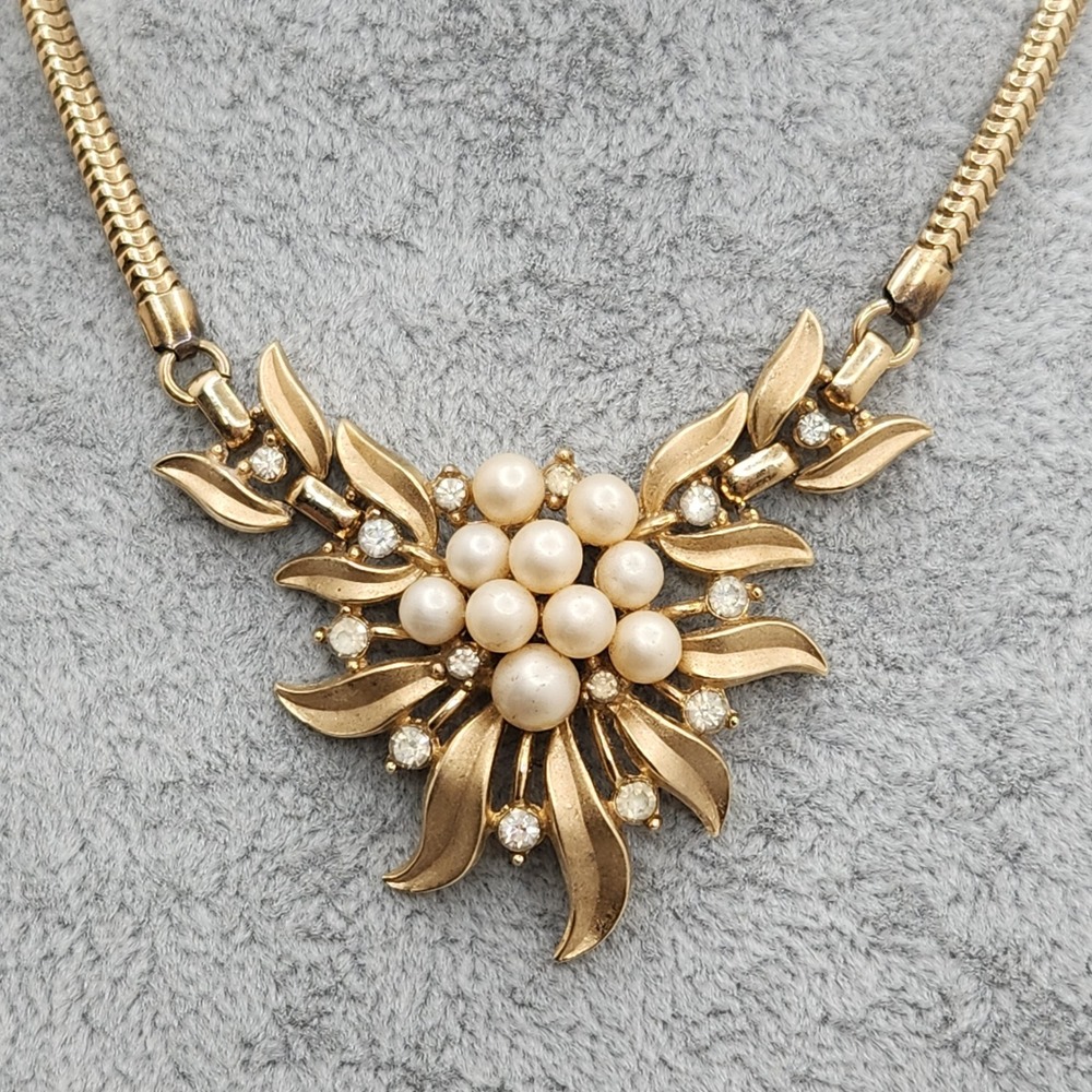 Vintage Trifari Faux Pearl Rhinestone Floral Snake Chain Necklace Quiet Luxury